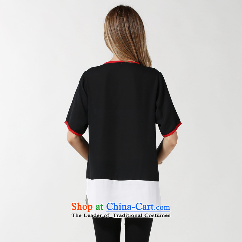 Elizabeth 2015 ultra high discipline Code women's summer new to increase short-sleeved shirt cotton linen chiffon thick MM round-neck collar stamp pattern shirt SN3620- Ms. Loose 5XL, black discipline Windsor shopping on the Internet has been pressed.
