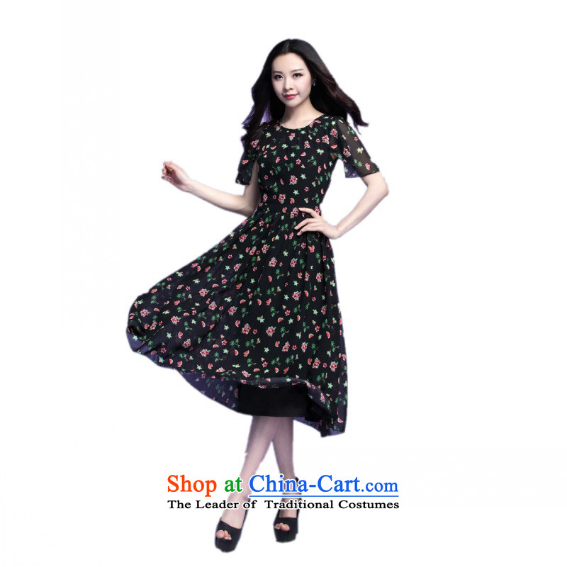 C.o.d. 2015 Summer new stylish casual temperament classic thick MM heavy code code chiffon dresses summer large floral skirt black skirt?XL