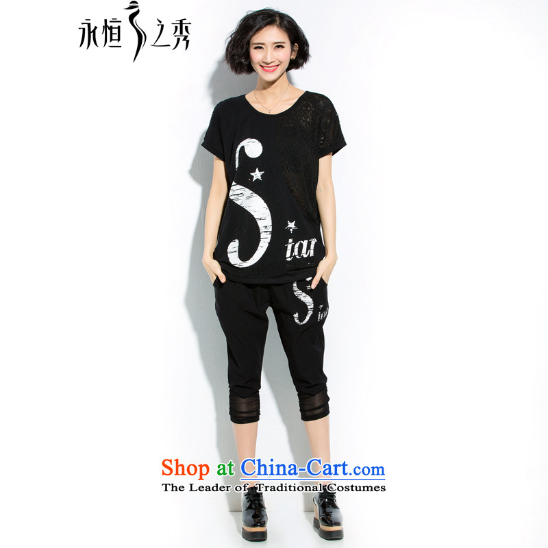 The Eternal Soo-to increase women's kit fat mm Summer 2015 new thick sister who thick loose two kits t-shirt 7 leisure sports wear trousers black?shirt + pants_ Xl_t