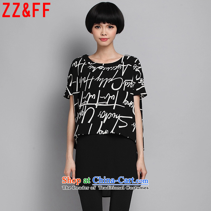 2015 Summer Zz_ff new larger women in long holidays two short-sleeved T-shirt chiffonTX8060 femaleblackXXL