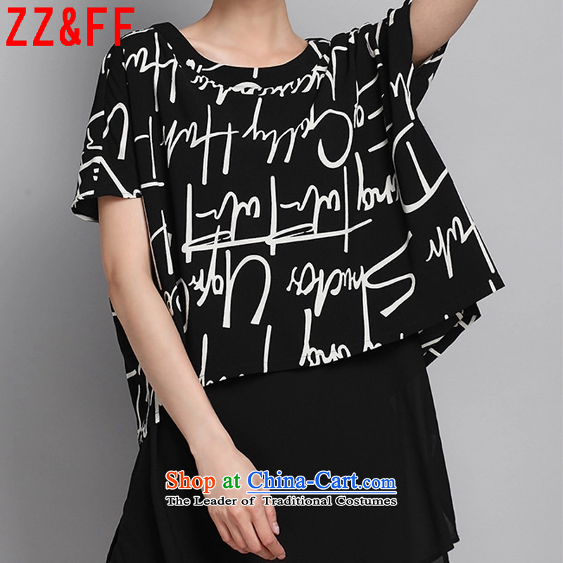 2015 Summer Zz&ff new larger women in long holidays two short-sleeved T-shirt chiffon TX8060 female black XXL,ZZ&FF,,, shopping on the Internet