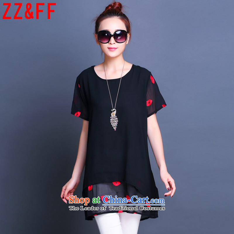 2015 Summer Zz_ff new larger female loose chiffon double dresses, forming the Sau San shirt?LYQ6677 female?black?XXXXL