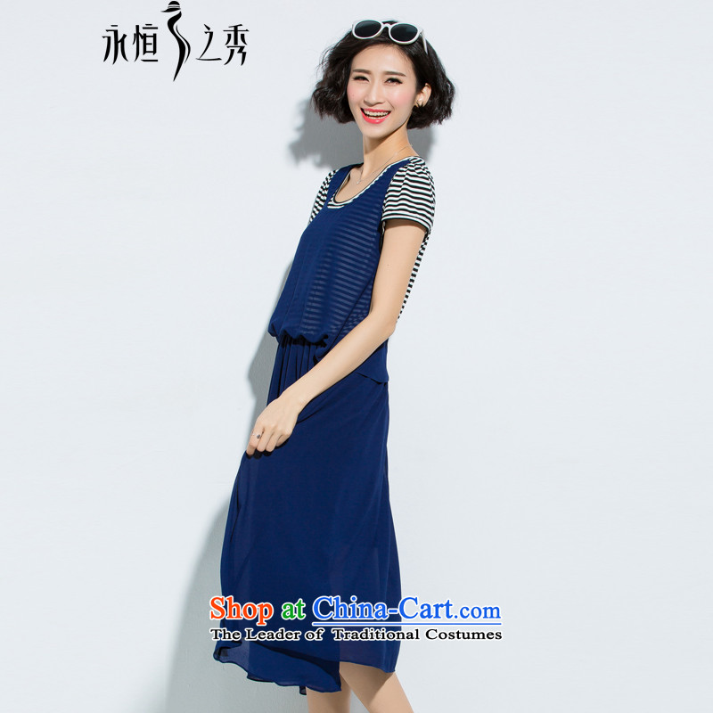 The Eternal-soo to xl women's dresses thick mm summer new products were relaxd thick sister thick Korean Version) thin chiffon long skirt leave streaks of two pieces of blue skirt 3XL, eternal Soo , , , shopping on the Internet