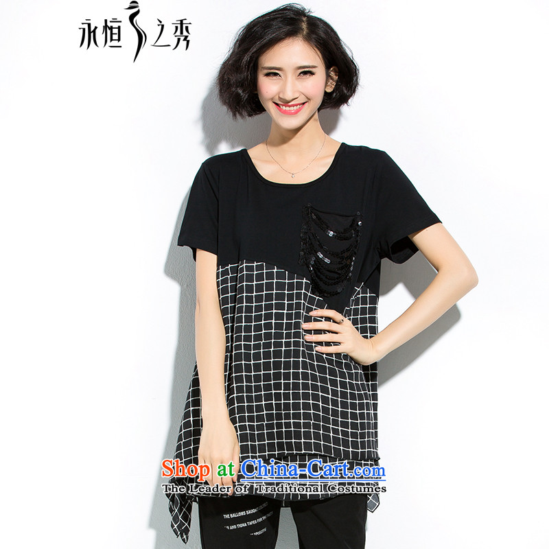 The Eternal Soo-to increase women's code 2015 Summer new Wild loose video thin chiffon?3XL black T-shirt Grid