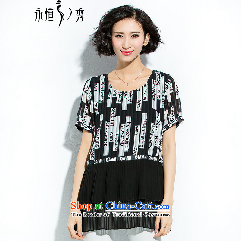 The Eternal Soo-to increase women's code 2015 Summer new Wild loose video thin letter stamp chiffon shirt 3XL black
