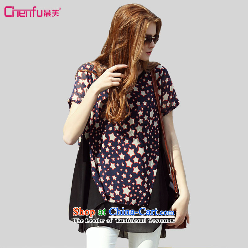 2015 summer morning to new to xl female Western liberal star pattern short-sleeved T-shirt thick mm color plane in the stitching long T-shirt chiffon stars stampM for 100-110 catties_