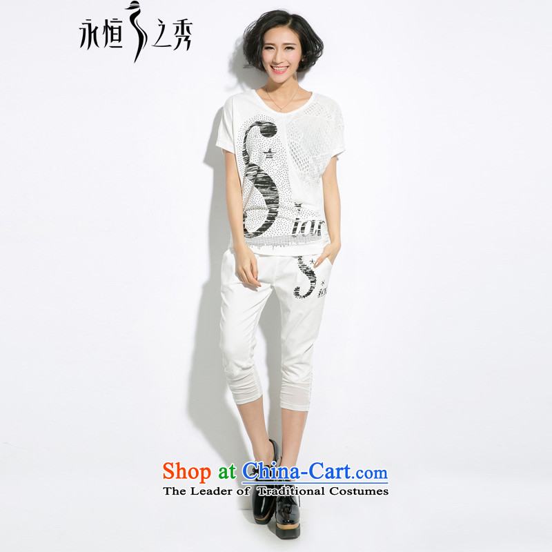 The Eternal Soo-to increase women's expertise, Hin thin thick sister kit fat mm summer new Korean leisure sports t-shirts loose 7 pants kit two white?shirt + pants_ 3XL_T
