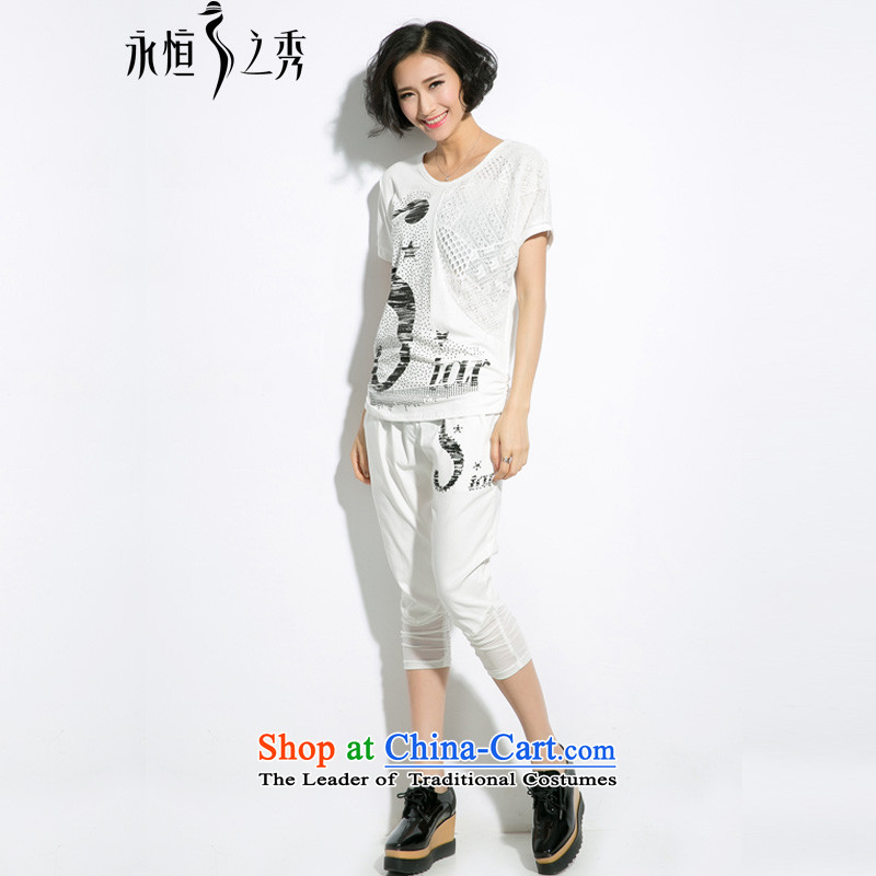The Eternal Soo-to increase women's expertise, Hin thin thick sister kit fat mm summer new Korean leisure sports t-shirts loose 7 pants kit two white shirt + trousers), 3XL(T eternal Soo , , , shopping on the Internet