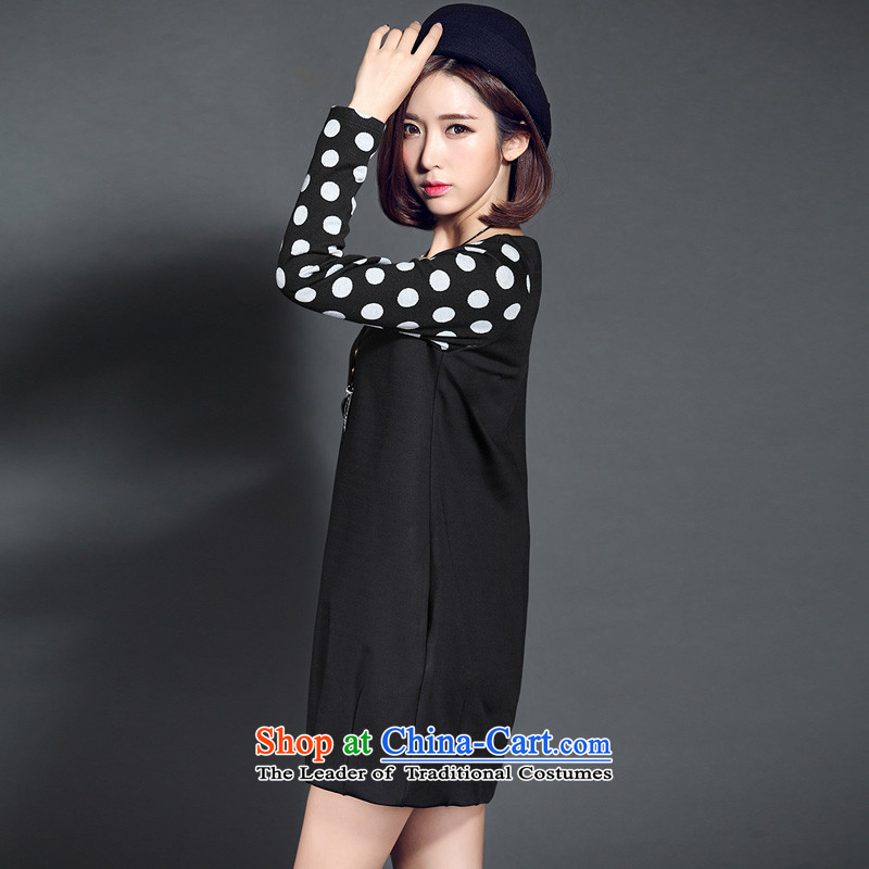 Morning to 2015 autumn and winter new large long-sleeved blouses and dresses and stylish wild wave point stitching of the lint-free thick light hovering over the skirt black L recommendations 110-120, morning to , , , shopping on the Internet