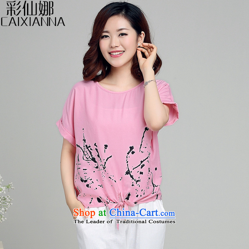 The maximum number sin also Women's Summer 2015 Korean short-sleeved thick MM leisure chiffon shirt female summer short of small pink shirt?M