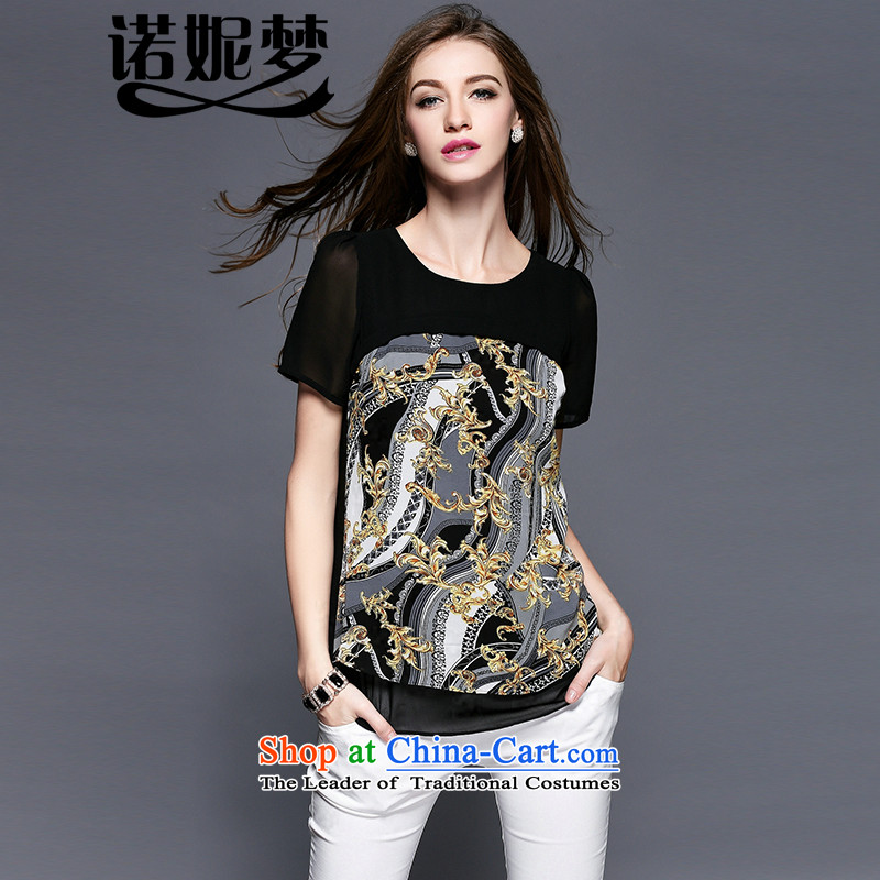 The maximum number of Europe and Connie Women's summer to intensify the 2015 New thick sister classic retro stamp graphics thin short-sleeved T-shirt female chiffon shirt y3403XXXXL black
