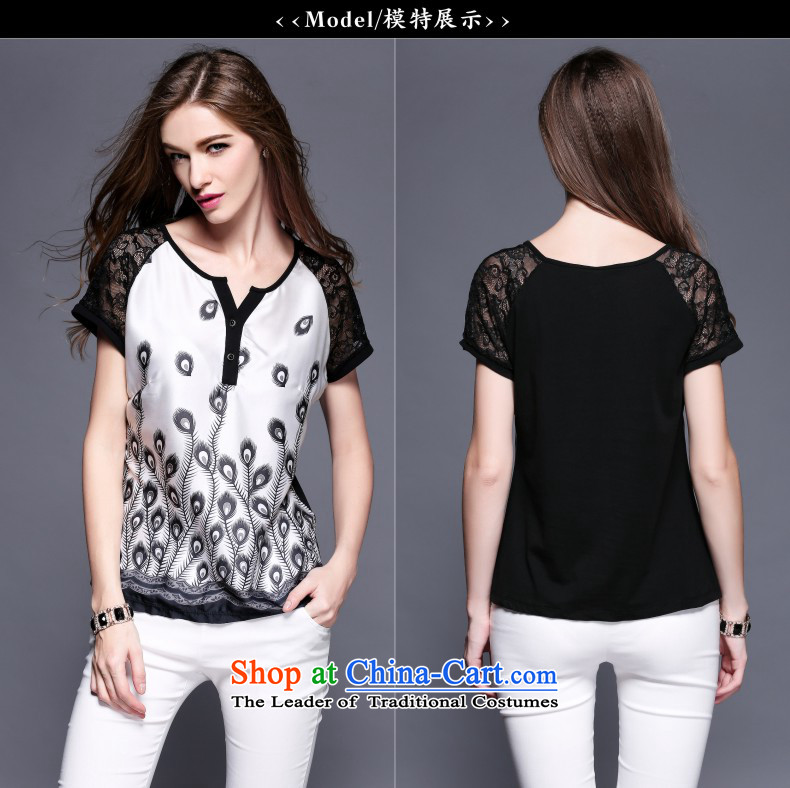 The maximum number of Europe and Connie Women's summer to intensify the thick mm temperament V-Neck Peacock tail stamp lace stitching short-sleeved T-shirt female white XXXXL y3409 shirt picture, prices, brand platters! The elections are supplied in the national character of distribution, so action, buy now enjoy more preferential! As soon as possible.