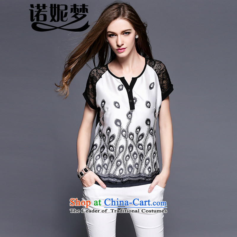 The maximum number of Europe and Connie Women's summer to intensify the thick mm temperament V-Neck Peacock tail stamp lace stitching short-sleeved T-shirt female white XXXXL y3409 t-shirt