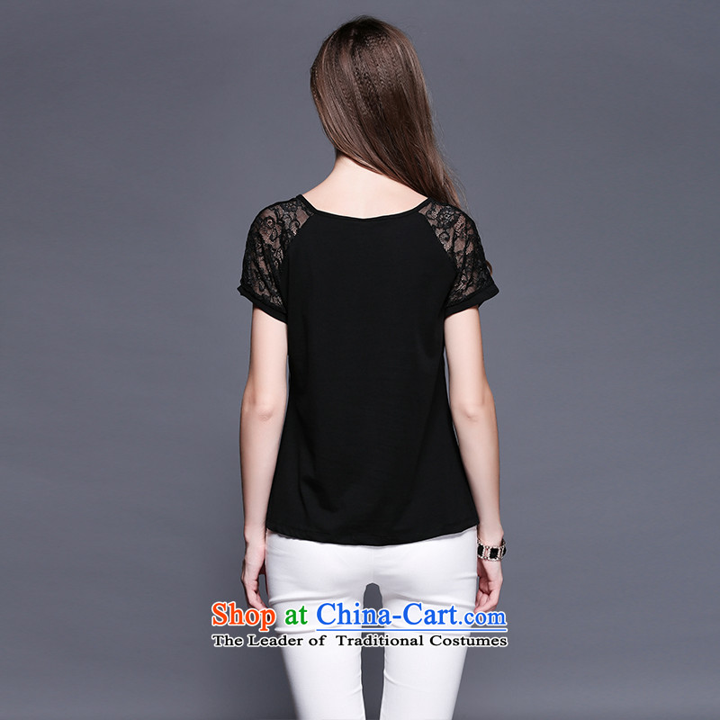 The maximum number of Europe and Connie Women's summer to intensify the thick mm temperament V-Neck Peacock tail stamp lace stitching short-sleeved T-shirt y3409 white XXXXL, T-shirt female Mano Connie Dream , , , shopping on the Internet