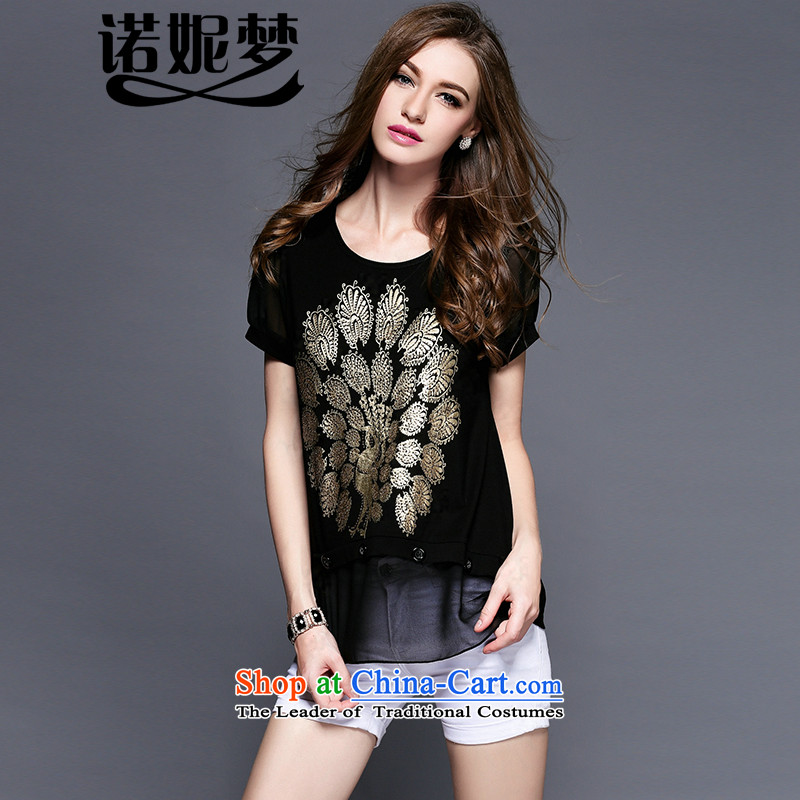 The 2015 Summer Dream Connie New Europe and the large women to increase expertise mm peacock stamp graphics thin short-sleeved T-shirt female clothes y3412?XXXL black