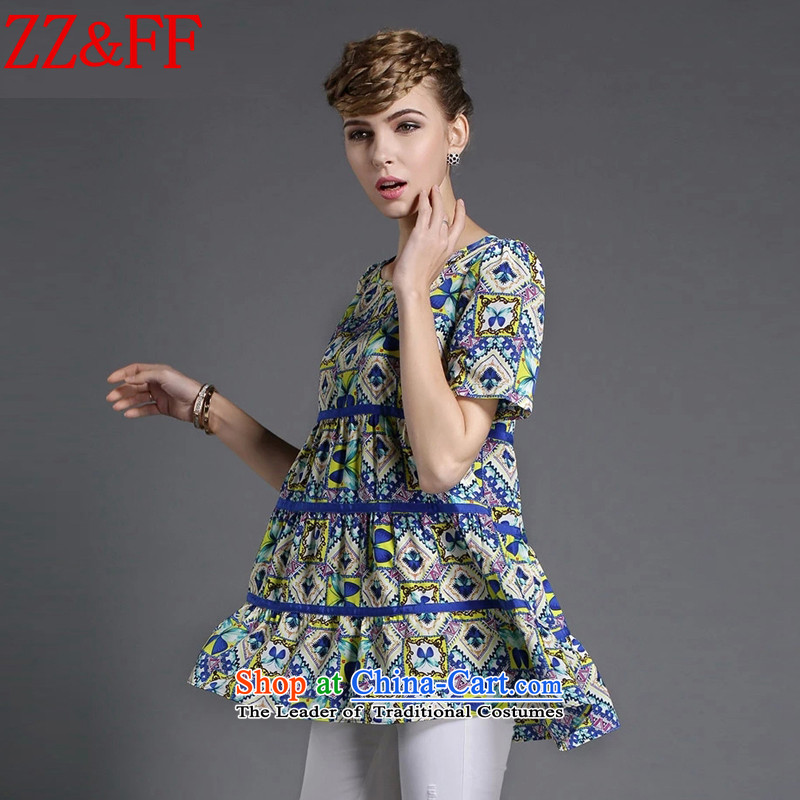 2015 Summer Zz&ff new larger female decorated seen wearing short-sleeved stamp saika chiffon shirt female XFS8638 map color XXXXL,ZZ&FF,,, shopping on the Internet