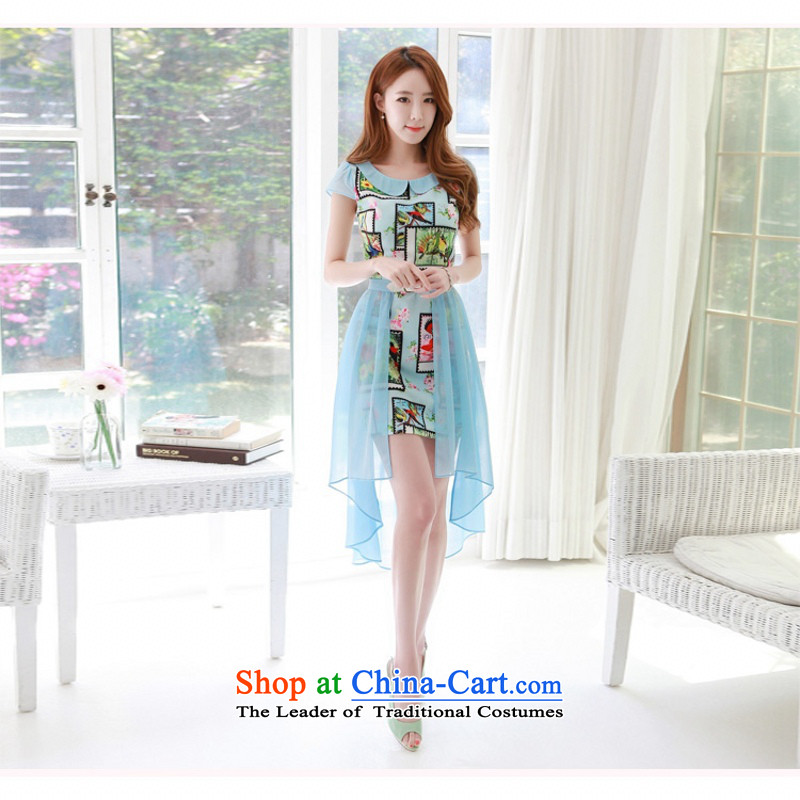C.o.d. larger thick MM2015 Korean new stylish flower stamps are both through direct skirt Fashion Sense of irregular petticoats chiffon gliding dresses blue XL, land is of Yi , , , shopping on the Internet