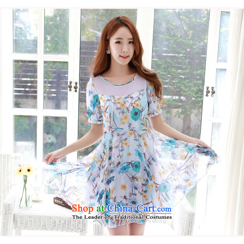 C.o.d. 2015 Summer new Korean fashion yarn material for larger thick MM chiffon stamp Sau San video thin A swing dresses Blue M'Yi Sang land has been pressed shopping on the Internet