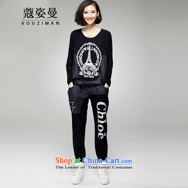 Khao Lak Gigi Lai Cayman 2015 autumn and winter the new SISTER mm thick people thick video thin to xl female stitching long-sleeved T-shirt leisure pant both kit?3XL_145 catty - 170 catties black_