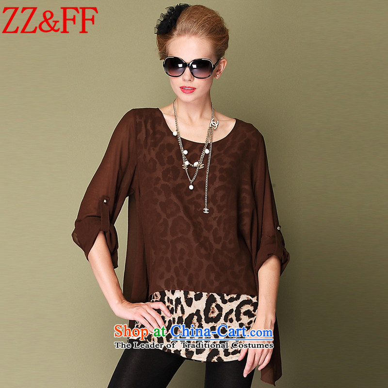 2015 Summer Zz_ff new larger women leave two Sau San Leopard chiffon shirt female XFS1915 TAN XL
