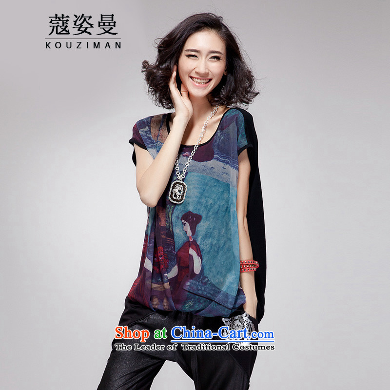 Khao Lak Gigi Lai Cayman xl women 2015 Summer new product expertise, Hin thin tee thick sister stylish and classy satin stamp loose T-shirt Black XL