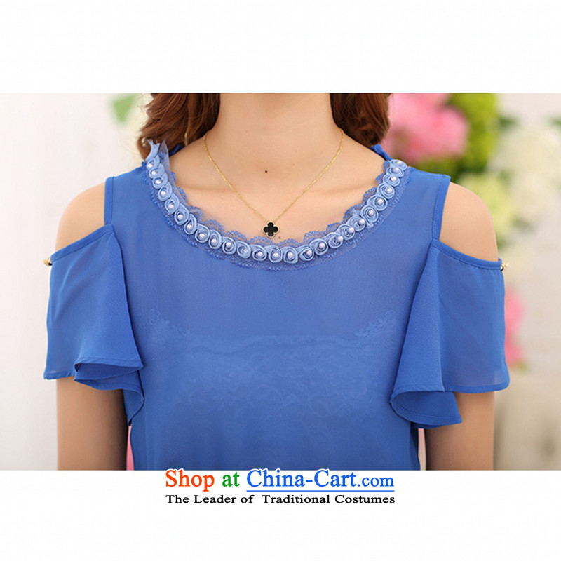 C.o.d. 2015 smart casual temperament larger thick MM video thin atmosphere Sau San Women's Summer new chiffon dresses in shoulder elastic band waist blue , L Ian Tune , , , shopping on the Internet