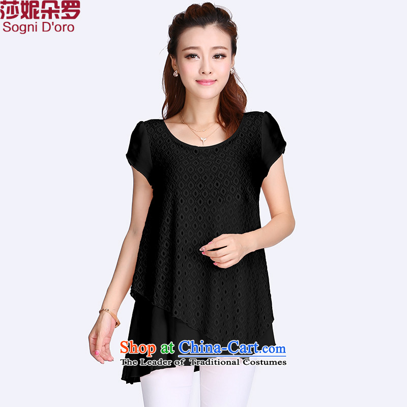 Luo Shani Flower Snow woven shirts expertise code sister summer leave two part to increase girls' thick graphics thin, short-sleeved T-shirt shirt 8707 Black?5XL