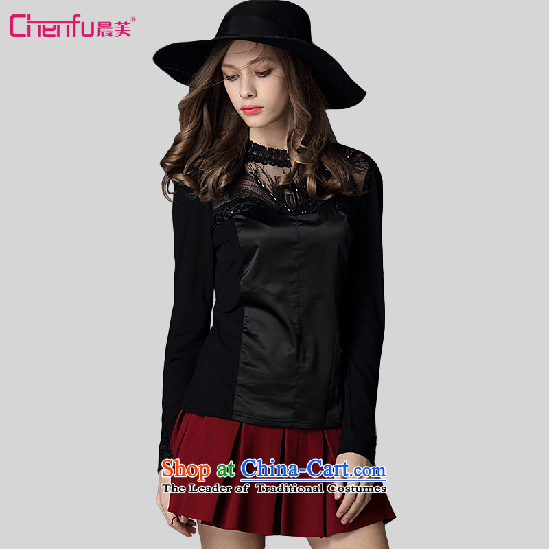 Morning to 2015 autumn and winter large female new western chain link fence stitching heavy industry large black long-sleeved shirt with warm, forming the thick black T-shirt, lint-free5XL_ recommendations 180-200 catties_