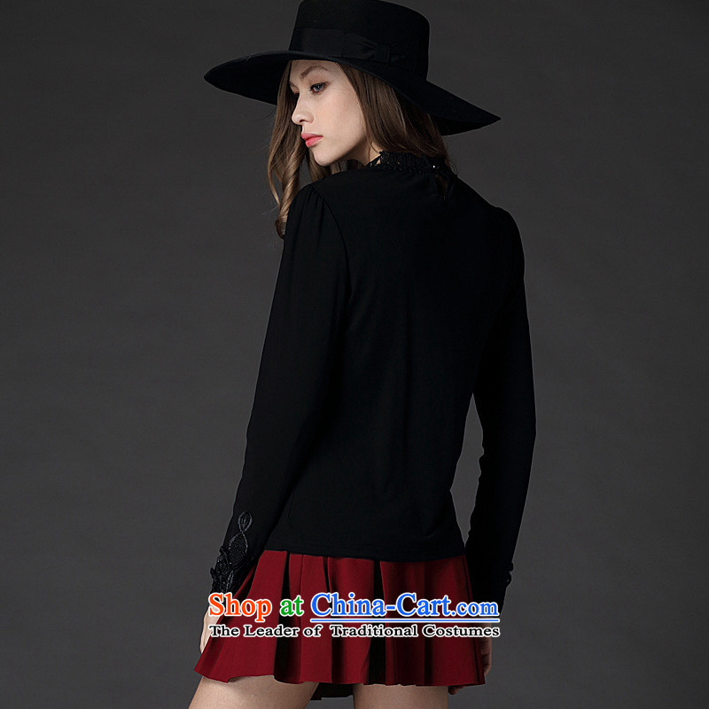 Morning to 2015 autumn and winter large female new western chain link fence stitching heavy industry large black long-sleeved shirt with warm, forming the thick black T-shirt, lint-free 5XL( recommendations 180-200) morning to , , , catty shopping on the