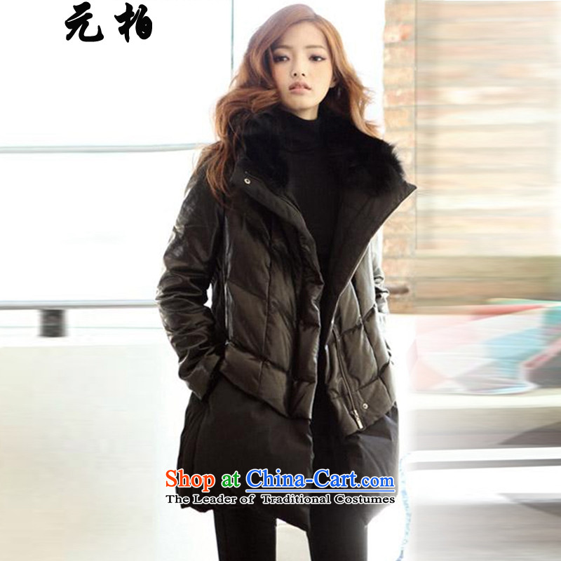 Yuan baiqiu winter clothing xl female  new expertise in relaxd longer MM PU stitching warm Black 7126 cotton coat 3XL around 922.747 150 - 160131