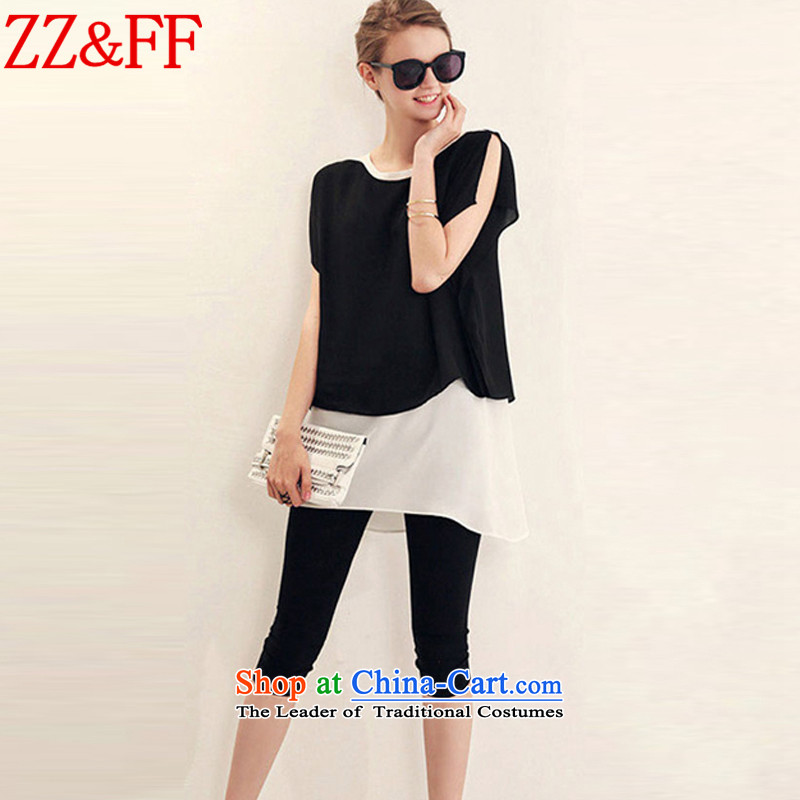 2015 Summer Zz_ff large new women's stylish Sau San short-sleeved T-shirt-length pants, and Leisure Kit?TZ8079 female?black?XXXXL