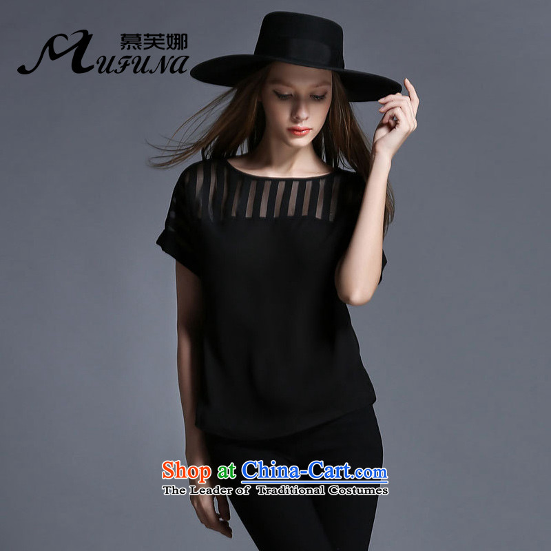 Improving access of 2015 mm thick larger women's summer new round-neck collar short-sleeved T-shirt, black XXXL 1982
