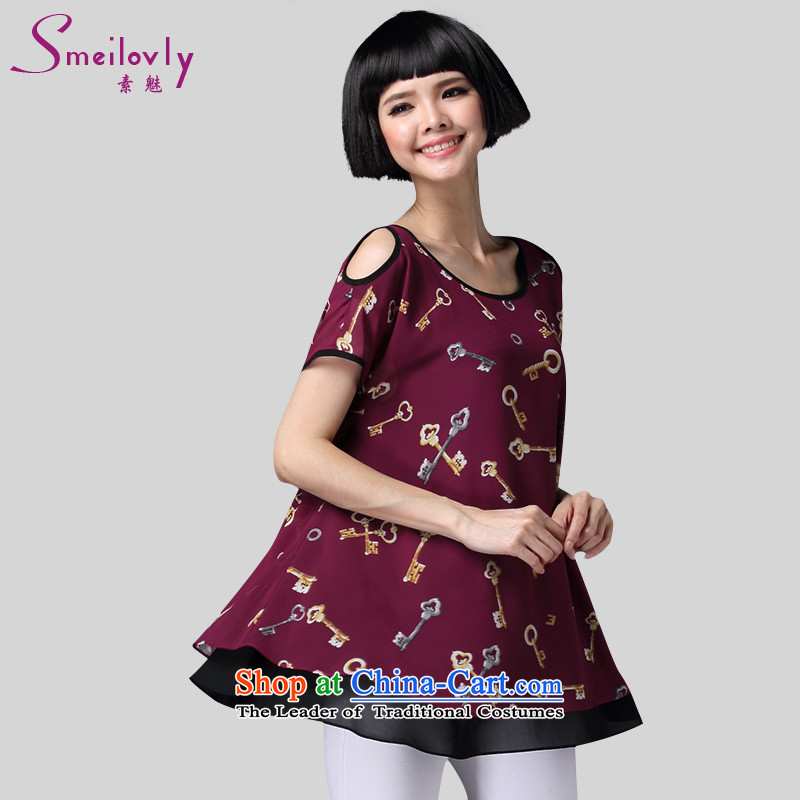 Of staff to increase the burden of 200 yards women thick mm summer Korean modern stamp short-sleeved T-shirt bare shoulders chiffon Netherlands 1371 wine red large 3XL around 922.747 160