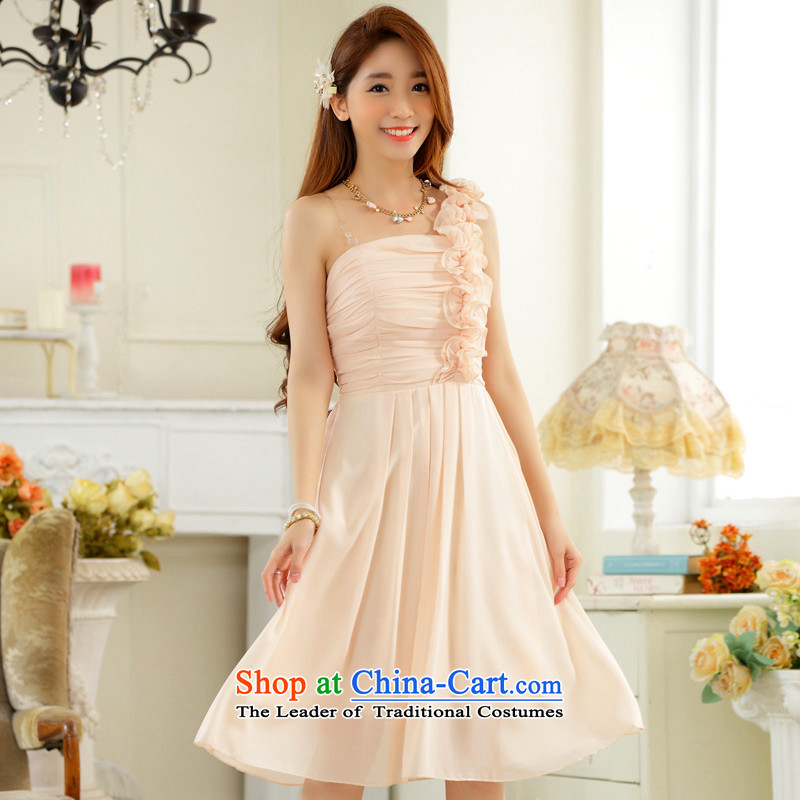 C.o.d. 2015 Summer new stylish atmosphere and sexy marriage quarter sister skirt fungus single shoulder foutune chiffon larger temperament dress dresses champagne color XL