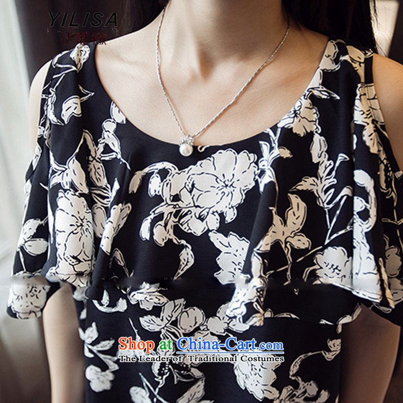 Ms 2015 sub-new to increase women's code version korea long bare shoulders suits skirts thick mm summer cotton linen degreee streaks saika short-sleeved dresses flowers XL, Elizabeth (YILISA sub-shopping on the Internet has been pressed.)