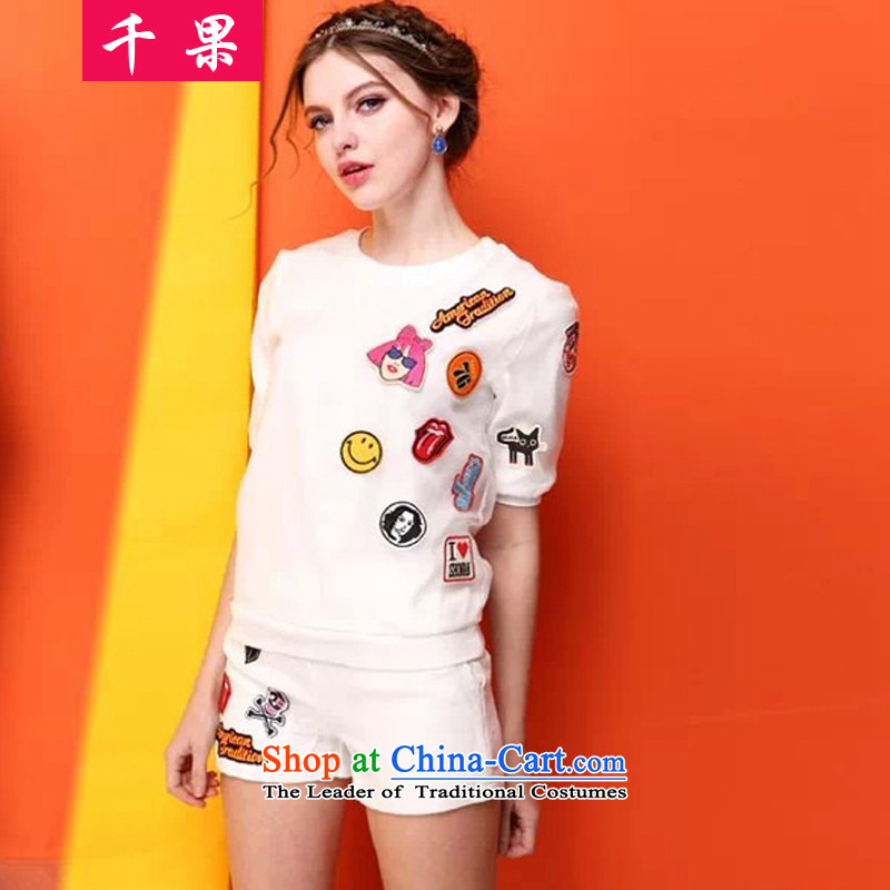 The results of the2015 loose video thin xl Sport Summer thick mm cartoon short-sleeved T-shirt stamp + shorts casual clothing two Kit602white3XL