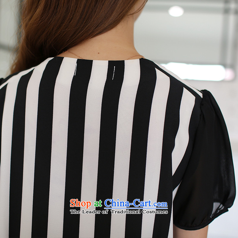 Maximum number of ladies 2015 Summer Korean New thick mm video thin commuter streaks short-sleeved T-shirt with round collar chiffon female black and white striped T-shirt XL, American Samoa Nika shopping on the Internet has been pressed.