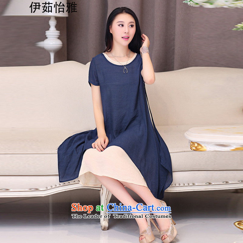 El-ju Yee Nga thick sister summer larger female cotton linen dresses two kits YJ063 BLUE XL