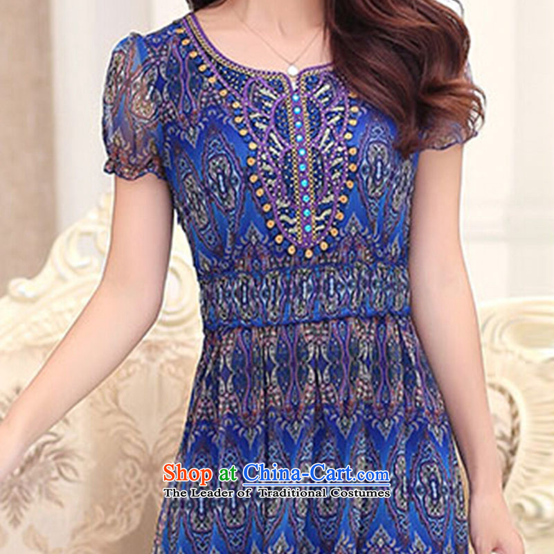 Dimple jelly 2015 Spring/Summer new larger women in long stamp V-neck in the skirt of Sau San short-sleeved dresses 1321 Blue 5XL, dimple jelly shopping on the Internet has been pressed.