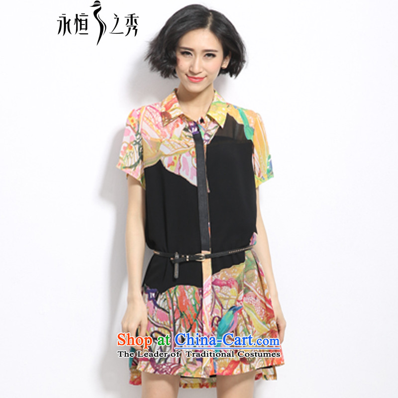 The eternal summer 2015 Sau new large mm thick women's trendy bird stamp graphics thin dresses map color4XL