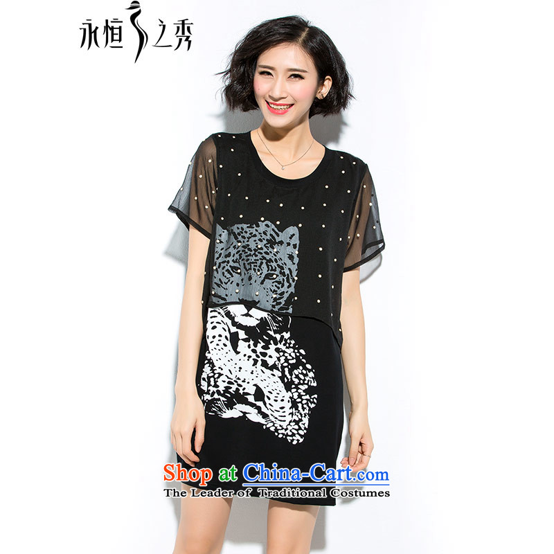 The Eternal Soo-to increase women's code 2015 Summer new Wild loose video thin leopards stamp T-shirt black?4XL