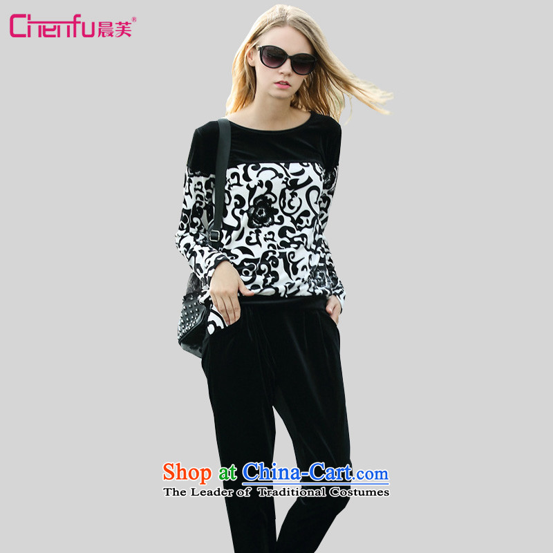 Morning to 2015 autumn and winter new to increase women's code thick mm larger loose Korea Stamp stitching lint-free sweater leisure wears black uniforms  2XL_ suitable for 130-140 catty_