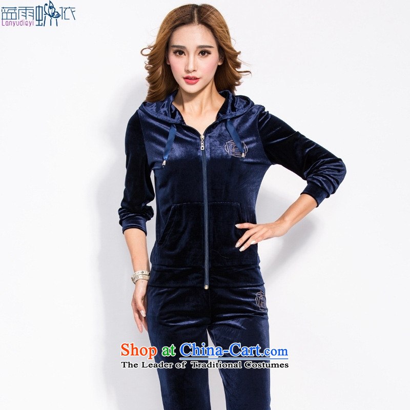 Load New autumn 2015 gold velour leisure suite with cap large long-sleeved trousers lint-free sports suits women Chun Po Lam XXL, blue rain butterfly according to , , , shopping on the Internet