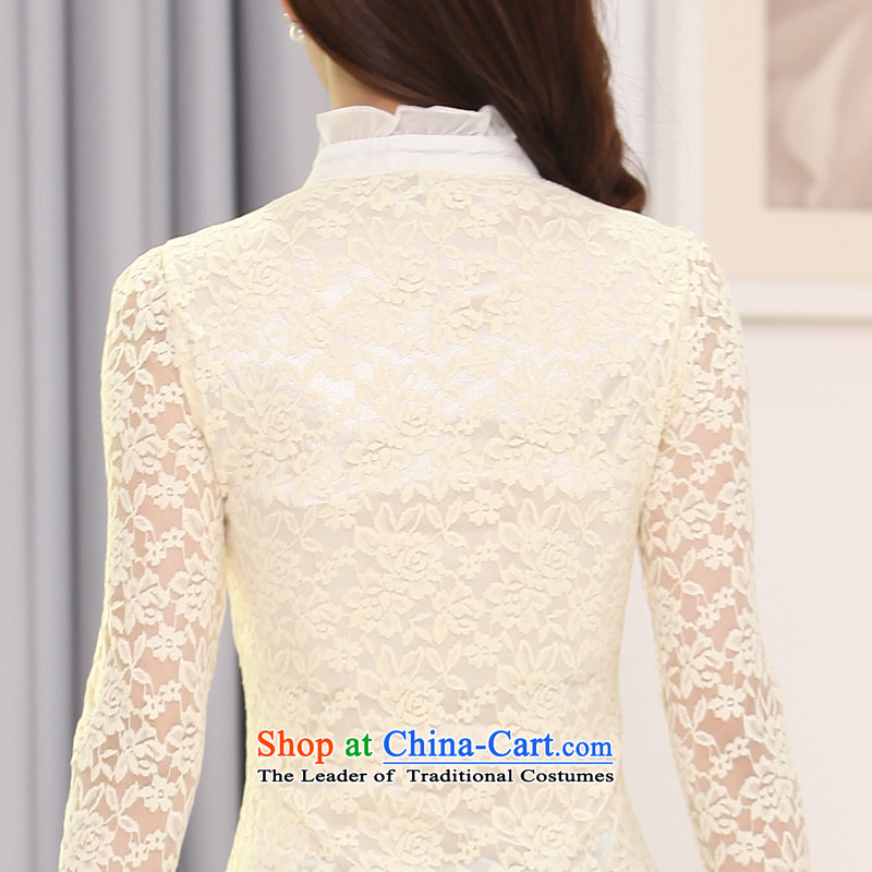 Szili autumn 2015 Ms. Load Clinton long-sleeved shirt thick mm sister, forming the basis to increase the number of women who are temperament ELASTIC LACE shirt aristocratic ladies check with flower patterns apricot color with lint-free 5XL, Szili (celia d