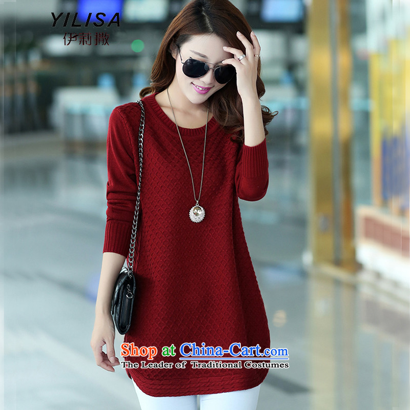 Elizabeth sub-To increase the number of female new stylish shirt, long-sleeved sweater MM thick Korean video in szie thin solid long sleeved clothes Knitted Shirt dresses T-shirt wine redXXL recommended weight 140-160 characters catty