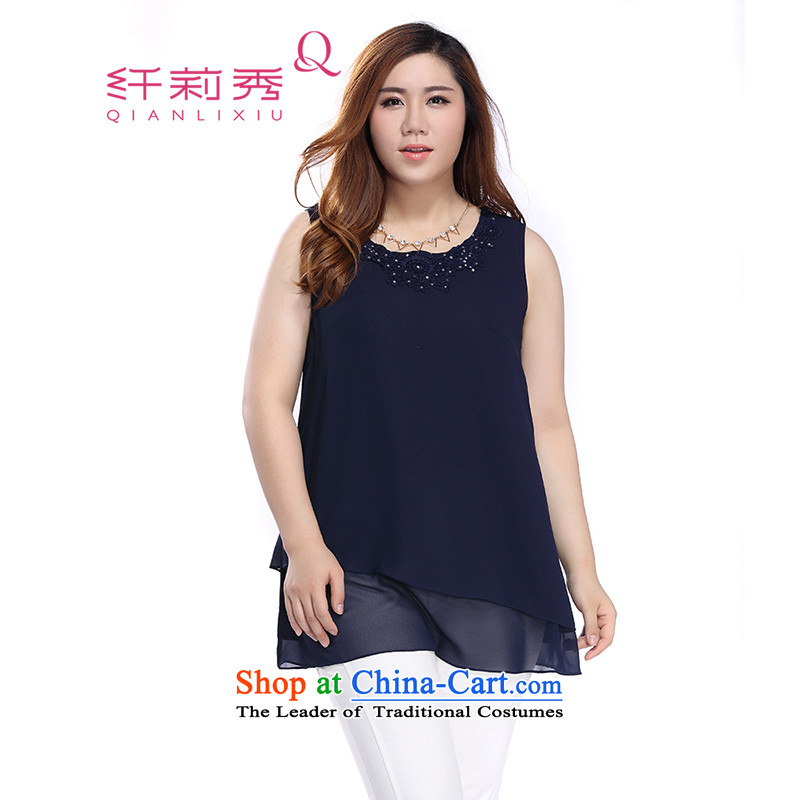 The former Yugoslavia Li Sau 2015 autumn large new mount female temperament round-neck collar lace stitching ironing drill not under Rules 0286 vest possession blue 2XL