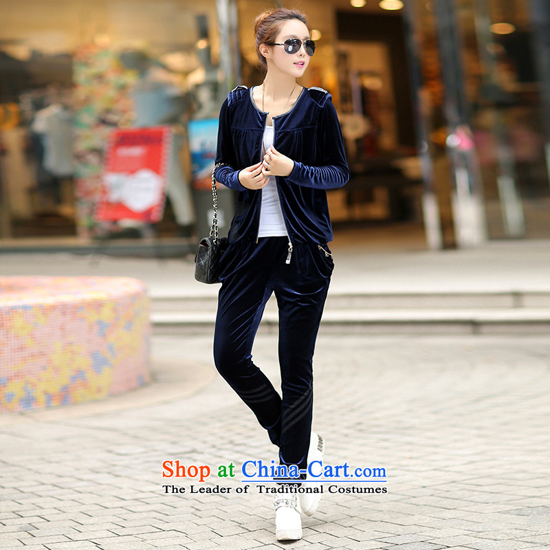 All new Fall 2015 Flower of Korean women's gold velour video thin large swan sweater Ms. Leisure Sports Suits Q9202 XXXL, all blue (QINGSHIDUO) , , , shopping on the Internet