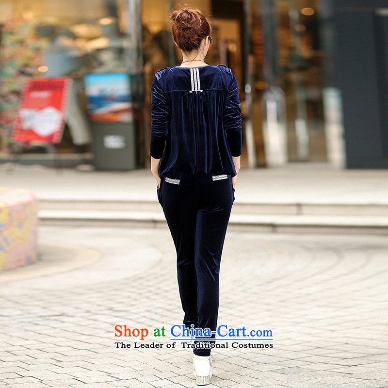 All new Fall 2015 Flower of Korean women's gold velour video thin large swan sweater Ms. Leisure Sports Suits Q9202 XXXL, all blue (QINGSHIDUO) , , , shopping on the Internet