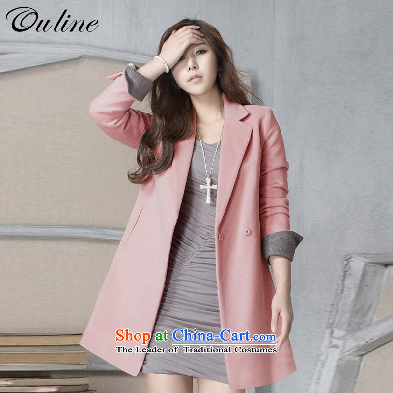 The Korean version of the female breast ouline pink in long hair? jacket genuine wool coat pink?M