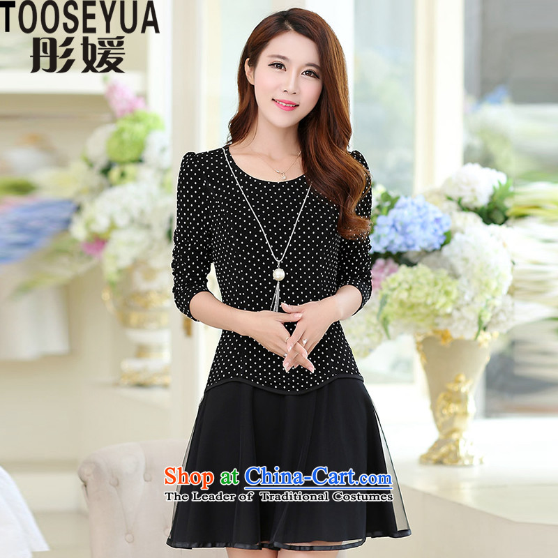 Tong Yuan larger women 2015 Autumn new long-sleeved leave two wave point skirt wear skirts Y154 autumn and winter thin black?XXXXL graphics